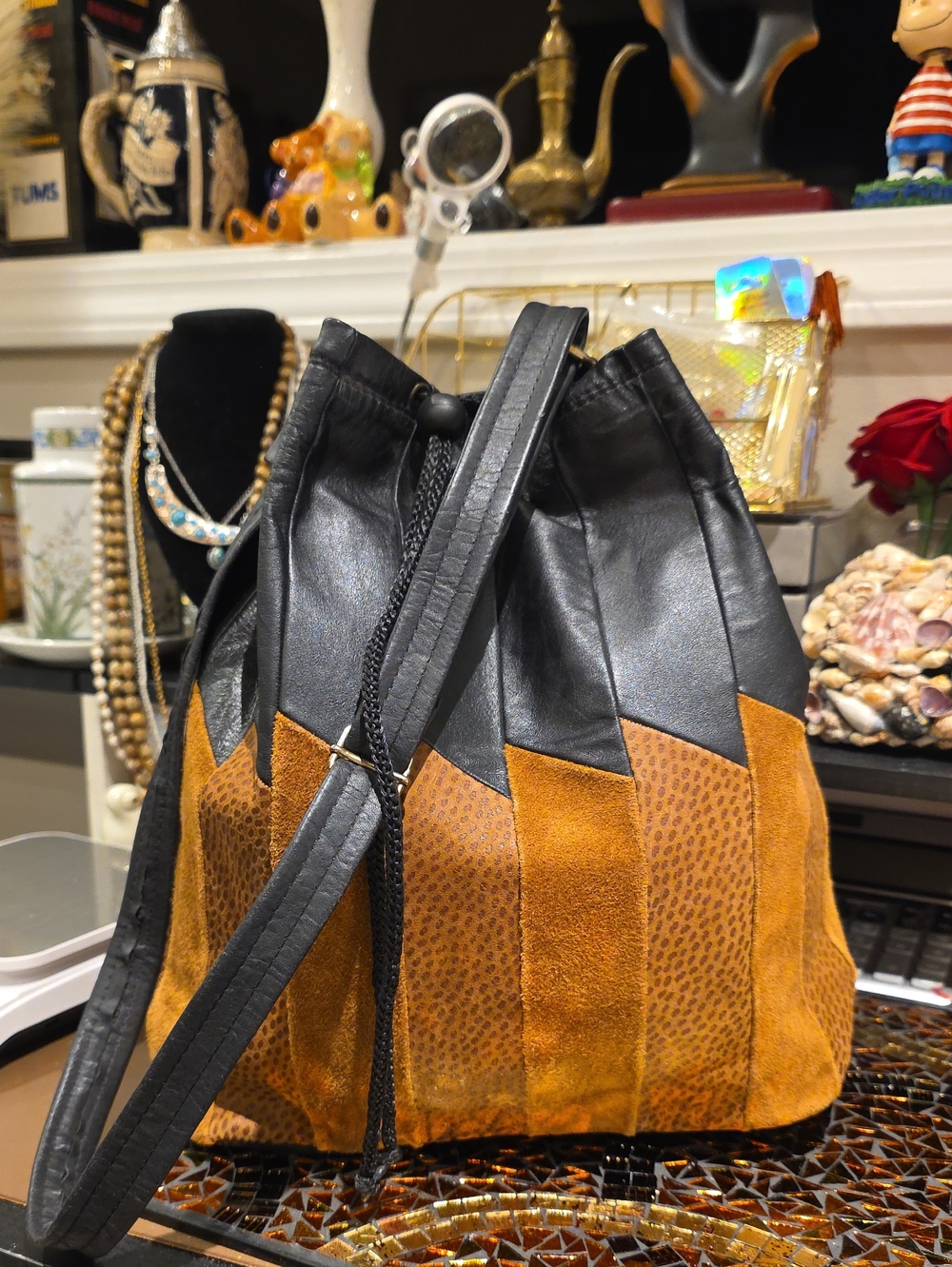Vintage Black and Brown Two-Tone Leather Drawstring Crossbody Bag